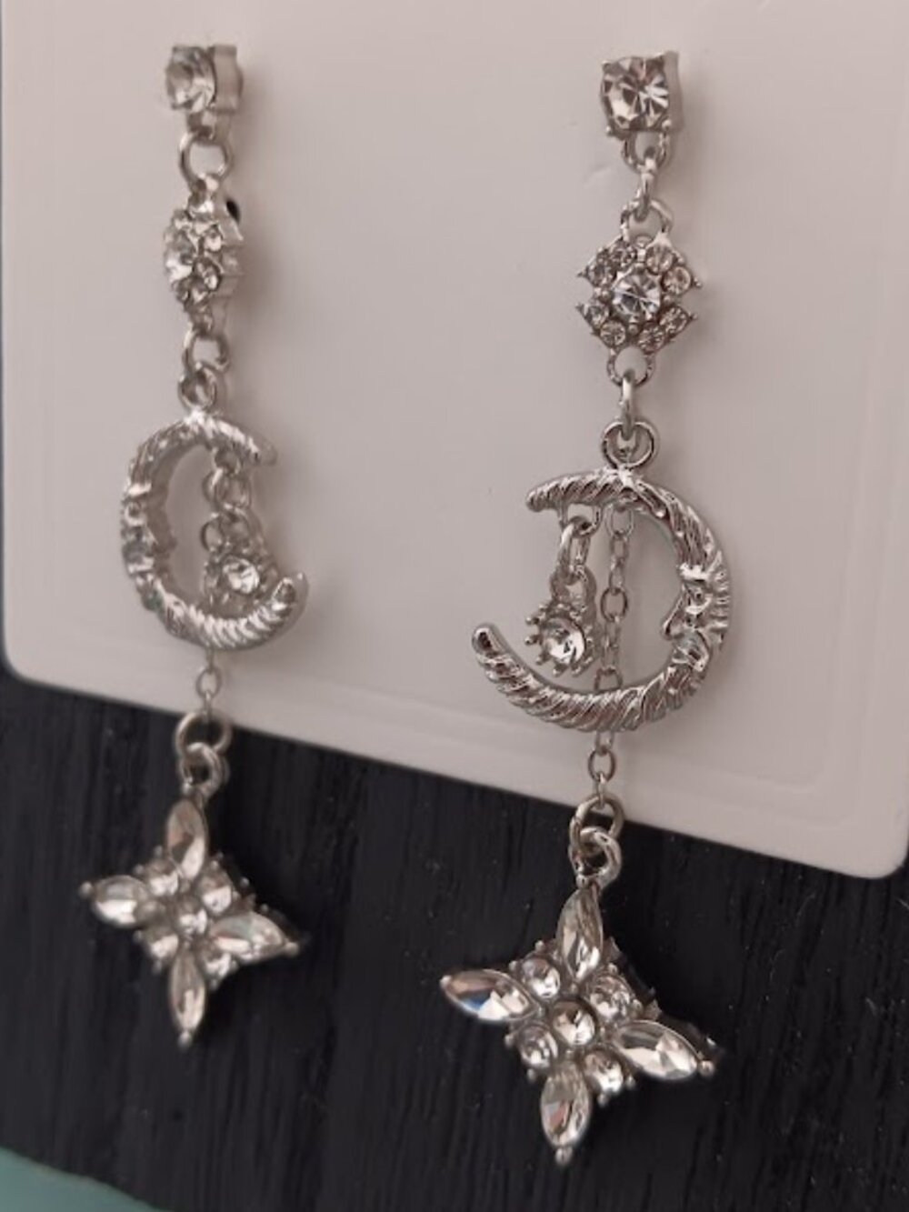 DESIGNER Celestial Silver Crescent Moon Starburst Clear Crystal Dangle Earrings - Picture 3 of 4